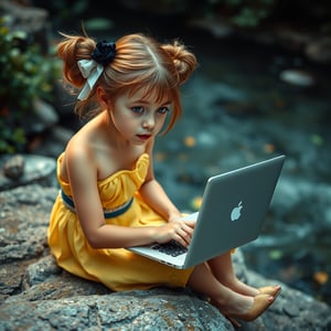 A young girl with fair skin, golden-brown hair in buns, and an innocent yet curious expression sits on rocky terrain by a river, dressed in a strapless yellow dress with a blue waist sash and beige high heels. She wears a black floral hair accessory and is engaged with a laptop, representing technology integration in fashion. The scene is set in a natural, bioluminescent environment with soft pastel lighting and multi-colored hues from below, casting a cool, ethereal glow. The close-up, selfie angle captures her slightly tilted head, with blurred foliage in the background. The high perspective shot, taken with a Canon EOS 5D Mark IV and Canon EF 24-70mm f/2.8L II, features film grain and a cool color palette, evoking the visual style of director David Lynch.