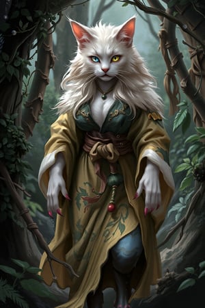 A lifelike catgirl hybrid, radiant with allure, gracefully stands amid a serene forest's depths. Her fluffy fur envelops a form adorned in a flowing nature-inspired tunic, eyes aglow with both whimsy and mischief. Subtle feline claws enhance her hands, while lush foliage and,anthro