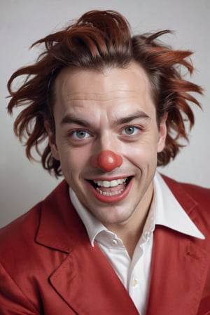 a detailed close-up captures a vintage photograph of a man dressed as a clown, his face contorted in laughter. the man's eyes are wide open, and he is wearing a red jacket with a white collar. his hair is disheveled and wild, adding to the overall chaos of the scene. the man's left hand is extended towards the viewer, while his right hand is clenched into a fist. the text "if project 2025 were a person" is prominently displayed at the bottom of the image, in black letters on a white background