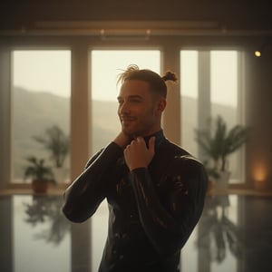 A muscular man with twintails hair and hairclips, dressed in a sleek, shiny black latex suit, stands in a minimalistic indoor setting with large windows offering an outdoor view. He faces the camera with a slight smile, touching his neck. The scene is set in an underground world beneath the earth's surface, with an analogous color palette and anamorphic lens flares. Strong studio lighting with a prominent rim light highlights his defined features, creating a super-realistic, finely-crafted, and naturalistic look. The background features subtle neoclassical elements and quilling art inspired by Henri Rousseau, adding an iconic and surreal touch. The lighting setup includes a soft key light from the front, a strong back light for the rim, and fill lights on either side to balance the shadows, all contributing to a neoclassical and dramatic atmosphere. Film grain and a square color palette enhance the visual depth and texture, capturing the essence of a high-contrast, cinematic shot.