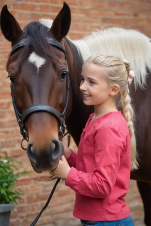 eye-level indoors, a fair-skinned woman with long brown hair and a pink shirt is the focal point of this shot. she's smiling warmly at the camera, her gaze directed towards the left side of the frame. in the foreground, a fair-skinned child with a black helmet and a red jacket is standing, his left hand gently touching the horse's nose. the child is dressed in blue jeans and black boots, and his left arm is bent at the elbow, revealing a black helmet underneath. the horse, a light brown with a white mane, is adorned with a red halter and a white and red bridle. the child's left hand is gently touching the horse's nose, while his right hand is bent at the elbow, revealing a black helmet underneath. the horse, a light brown with a white mane, is standing in a stable, surrounded by a brick wall. the stable is filled with a variety of bricks, including red bricks, white bricks, and a brick wall. the walls are adorned with vines and flowers, adding a touch of nature to the scene.