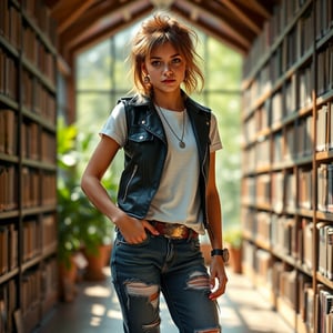 A young captain with tousled hair stands confidently in a sunlit library, where books sprout legs and share their tales. Dressed in a black leather vest, white t-shirt, ripped jeans, and cowboy boots, she exudes a blend of toughness and charm. Her hand rests on her hip, and she is centered in the frame, slightly angled. The background is a blurred greenery, with anamorphic lens flares adding a cinematic touch. The lighting is natural, with a shallow depth of field and HDR, creating a double complementary (tetradic) color palette. The scene is hyperdetailed, shot on a Sony A6400 with a Sony E 35mm f/1.8 OSS lens, capturing the intricate details and film grain, with a noir influence.