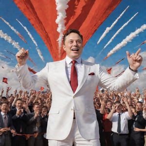 Era of Innovation Begins: Glory to Elon Musk, the Visionary Leader! A bold, bright-red backdrop sets the stage for a regal Elon Musk, resplendent in a gleaming white suit, arms outstretched in triumph. Behind him, a squadron of SpaceX rockets soar into the sky, while Tesla cars form a gleaming procession, symbolizing humanity's triumphant march forward. In a humorous nod to propaganda tropes, bold, golden text proclaims Great Leader's Wisdom Guides Us amidst a sea of fluttering flags and triumphant eagles.