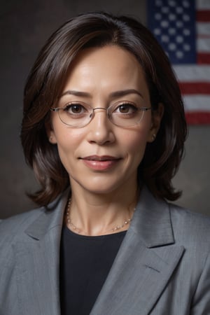 Official portrait of Kamala Harris, Vice President of the United States, a mix of professional and sexy, glamorous lighting, medium shot, confident expression, direct eye contact, soft smile, natural makeup, dark background, American flag pin, subtle glare from glasses, high-end camera, 80mm lens, f/1.4, shallow depth of field, high resolution, film grain, color accuracy, professional photography, portrait photography, studio lighting, Canon EOS 5DS R, ISO 100, 6x7cm, medium format, analog film, Kodak Portra 800, white balance, 1/125 sec shutter speed, natural skin tones, no retouching, confident pose, relaxed posture, hands in frame, elegant attire, dark power suit, no text, no graphics, serious yet approachable, mature beauty, mature woman, mature model, over 50, 50+, silver fox, salt and pepper hair, short hair, gray hair, no hat, no accessories, indoor shoot, single light source, soft box lighting, single person, one person only, single subject, solo, solo portrait, single female, female only, female portrait, woman, woman over 50, older woman, older model, older adult, senior, senior citizen, senior woman, senior lady, mature lady, mature senorita, ma'am, madam, ma'am portrait,
