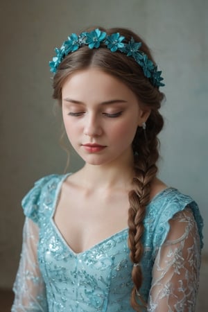 A serene portrait of a fair-skinned girl with long brown hair, dressed in a stunning turquoise dress adorned with silver crown and blue jewels. She wears a white long-sleeved dress with intricate silver sequins and a large flower centerpiece, her pigtails braided at the ends. Eyes closed, mouth slightly agape, she exudes contemplation. Against the stark white backdrop, a bold red curtain adds vibrancy to the left frame.