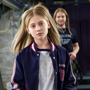 A young woman with fair, matte skin and long, straight light brown hair in a high ponytail stands close-up, her large, expressive green eyes tilted upward in curiosity. She wears a soft, fuzzy navy blue varsity jacket with red and white stripes over a white shirt with intricate silver embroidery. Behind her, a non-Euclidean architect with plaited hair and a lip ring, dressed in green cargo pants, black t-shirt, and hiking boots, stands straight, hands clasping a bag, weight on right leg, smiling. They are inside a high-tech orbital space station, with a stone wall and draped curtains, studio lighting with strong rim light, creating a double complementary (tetradic) color palette. The scene is framed with a shallow depth of field, emphasizing the young woman's youthful and approachable appearance, reminiscent of a Bob Ross painting, with subtle film grain and pastel color grading, capturing a moment of wisdom transfer and intimacy.,tronggg