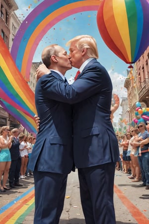Campy gay propaganda poster: 'Love Conquers All' - A whimsical illustration of Trump and Putin sharing a tender kiss amidst the vibrant colors of a Pride parade. The former adversaries stand back-to-back, arms wrapped around each other, as they wave rainbow flags in unison. A glittering rainbow arches above, framing their cheek-to-cheek moment. Confetti and balloons add to the festive atmosphere, while bold, cursive text declares: 'Love is Love'.