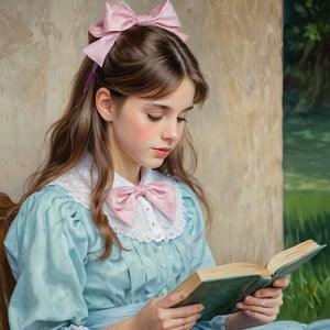 The image is a painting in an impressionist style, depicting a young girl with long, wavy, light brown hair adorned with a pink bow on the right side. She is shown in profile, facing to the left, and is dressed in a light blue, polka-dotted dress with a high collar. The girl appears to be engrossed in reading a book, which she holds in her right hand, her left hand resting on her lap. The background is a blurred, abstract mixture of greens and yellows, suggesting an outdoor setting with tall, grassy vegetation. The painting is executed in soft, blended brushstrokes, characteristic of impressionist art, which gives a gentle, dreamy quality to the image. The girl's expression is calm and focused, her eyes looking down at the book. The overall mood of the painting is serene and contemplative, capturing a quiet moment of reading and reflection. The texture of the painting is smooth and rich, with a soft, luminous quality that enhances the impressionistic style.