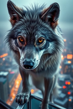 A close-up of a female werewolf with soft, silvery fur and piercing amber eyes, her expression a mix of curiosity and mischief. She stands on a glass balustrade overlooking a blurry cityscape in a mystical land of eternal twilight. Natural lighting filters through, complemented by studio lights with strong rim lighting to accentuate her furry features. The analogous color palette of deep purples, blues, and silvers creates a dramatic, moody atmosphere. Shot on a Pentax K-1 Mark II with a Pentax FA 43mm f/1.9 Limited lens, the image has a subtle film grain and a slightly underexposed look, enhancing the mystical and ethereal vibe.