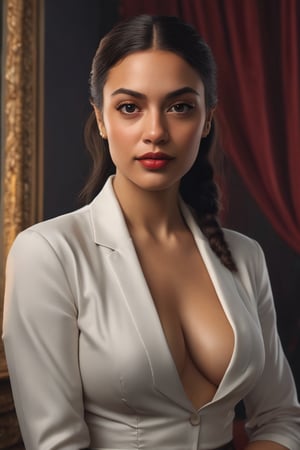 Alexandria Ocasio-Cortez posing confidently in a photorealistic, glamour pinup fanservice-inspired studio setting, reminiscent of Annie Leibovitz and David LaChapelle's work. Against a sleek black background, she stands at eye level, her full body angled for maximum impact. Soft studio lighting accentuates her features, while a subtle blend of colors creates an air of sophistication. Her gaze is direct, inviting the viewer to engage with her message. High-resolution details and ultra-detailed rendering bring this masterpiece to life. Keywords: Masterpiece, by oprisco, rutkowski, by marat safin.