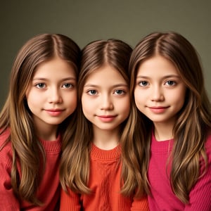 A heartwarming and sentimental portrait of three sisters, 1200*900, aged 7, 12, and 18, who are look-alikes, showcasing their growth and bond, photorealistic, warm colors, and soft lighting, capturing the innocence and beauty of sisterly love.