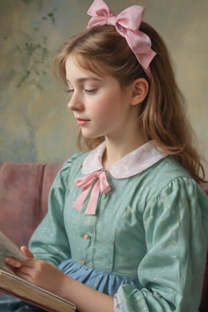 The image is a painting in an impressionist style, depicting a young girl with long, wavy, light brown hair adorned with a pink bow on the right side. She is shown in profile, facing to the left, and is dressed in a light blue, polka-dotted dress with a high collar. The girl appears to be engrossed in reading a book, which she holds in her right hand, her left hand resting on her lap. The background is a blurred, abstract mixture of greens and yellows, suggesting an outdoor setting with tall, grassy vegetation. The painting is executed in soft, blended brushstrokes, characteristic of impressionist art, which gives a gentle, dreamy quality to the image. The girl's expression is calm and focused, her eyes looking down at the book. The overall mood of the painting is serene and contemplative, capturing a quiet moment of reading and reflection. The texture of the painting is smooth and rich, with a soft, luminous quality that enhances the impressionistic style.