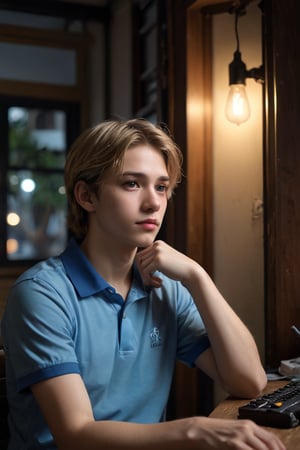 A young boy, likely in his late teens or early twenties, sits contemplatively on a worn wooden bench amidst the dimly lit confines of a clandestine hacker's hideout. Soft, muted lighting emanates from a combination of overhead fluorescent tubes and strategically placed desk lamps, casting minimal shadows on the character's relaxational pose. With his blonde locks slightly tousled and a thoughtful expression etched on his youthful face, he gazes off to the side, lost in thought. 

Against a background of gleaming computer screens and scattered cables, his focused attention remains riveted on an unknown point beyond the frame, his eyes beseeching secrets from the shadows. His blue polo shirt, bearing a crisp white logo on the left shoulder, seems at odds with the anarchy and disorder that surrounds him, yet it stands as a testament to the boy's resilience and adaptability. 

The cityscape outside, visible through the grimy tenement windows, serves as a constant reminder of the world beyond this hermetic realm, with towering skyscrapers and swaying palm trees silhouetted against a tapestry of bright city lights. Shot on a Fujifilm X-Pro3 with the Fujinon XF 56mm f-1.2 R lens, this close-up portrait captures the essence of a young hacker's fleeting moments of introspection amidst the labyrinthine corridors of the digital underground. The muted color palette and soft lighting imbue the image with a sense of quiet introspection, as if the boy's thoughts are suspended in a world of his own creation, where the boundaries between reality and fantasy blur. The velvety texture of the Fujifilm X-Pro3's film grain, subtly amplified in this shot, infuses the overall aesthetic with an air of intimacy and immediacy.