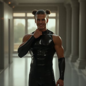 A muscular man with twintails hair and hairclips, dressed in a sleek, shiny black latex suit, stands in a minimalistic indoor setting with large windows offering an outdoor view. He faces the camera with a slight smile, touching his neck. The scene is set in an underground world beneath the earth's surface, with an analogous color palette and anamorphic lens flares. Strong studio lighting with a prominent rim light highlights his defined features, creating a super-realistic, finely-crafted, and naturalistic look. The background features subtle neoclassical elements and quilling art inspired by Henri Rousseau, adding an iconic and surreal touch. The lighting setup includes a soft key light from the front, a strong back light for the rim, and fill lights on either side to balance the shadows, all contributing to a neoclassical and dramatic atmosphere. Film grain and a square color palette enhance the visual depth and texture, capturing the essence of a high-contrast, cinematic shot.