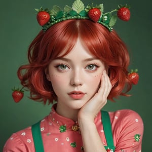 a detailed close-up captures a young woman, clad in a vibrant strawberry costume. her red hair is styled into a bob cut, accentuated by a crown adorned with green and white beads. the costume's apron features a large strawberry motif, adding a playful touch to the ensemble. the woman's eyes are painted a striking green, while her lips are a radiant pink. her hands rest on her chin, framing her face perfectly