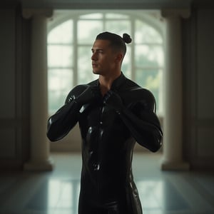 A muscular man with twintails hair and hairclips, dressed in a sleek, shiny black latex suit, stands in a minimalistic indoor setting with large windows offering an outdoor view. He faces the camera with a slight smile, touching his neck. The scene is set in an underground world beneath the earth's surface, with an analogous color palette and anamorphic lens flares. Strong studio lighting with a prominent rim light highlights his defined features, creating a super-realistic, finely-crafted, and naturalistic look. The background features subtle neoclassical elements and quilling art inspired by Henri Rousseau, adding an iconic and surreal touch. The lighting setup includes a soft key light from the front, a strong back light for the rim, and fill lights on either side to balance the shadows, all contributing to a neoclassical and dramatic atmosphere. Film grain and a square color palette enhance the visual depth and texture, capturing the essence of a high-contrast, cinematic shot.