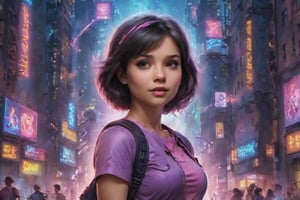 In a gritty cyberpunk metropolis, Dora the Explorer morphs into a stunning digital painting, bathed in neon hues and high-contrast lighting. Her portrait, akin to Henriette Kaarina Amelia von Buttlar's realistic artwork, exudes fashion sense and tenacity. Framed by towering skyscrapers and holographic advertisements, Dora's striking visage dominates the composition, her eyes gleaming like LED lights in a darkened alleyway. Amidst this dystopian landscape, her pose screams defiance, as if ready to conquer the virtual realm with nothing but a backpack full of digital gadgets.,Supersex