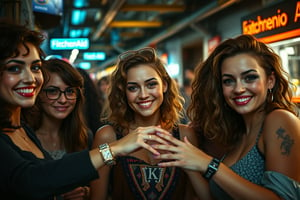 In a secret underground city at night, a group of confident young European women with fair skin, curly brown hair, and bright hazel eyes gather in a trendy, modern environment. Each woman exudes charisma and energy, with big smiles and dynamic poses. The scene is centered, with a shallow depth of field and blurred city lights in the background, creating a warm, vibrant atmosphere. One woman, wearing a Versace watch, hands a KitchenAid mixer to another, their expressions a mix of excitement and curiosity. The lighting is dramatic and moody, with ambient lights casting soft shadows and highlights on their faces. The scene is framed with a 9.5mm film aesthetic, featuring saturated color grading and a touch of film grain, evoking a style reminiscent of David Lynch's cinematography.