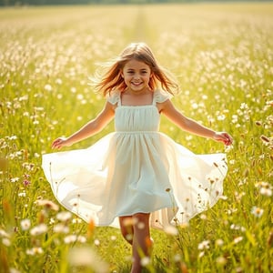 In a warm, sun-kissed meadow, a young girl twirls with abandon, surrounded by a tapestry of wildflowers swaying gently in the breeze. Her flowing, white dress billows behind her like a cloud, as she wears a radiant, charming smile that lights up the entire scene. The soft focus and dreamy quality evoke the Impressionist style of Pierre-Auguste Renoir or Berthe Morisot.