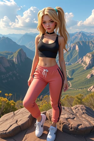 In this image, we see a charming and alluring French high schooler, dressed in a chic outfit consisting of a cropped top and yoga pants, adorned with a black choker and white sneakers. The backdrop of the scene is an incredibly detailed and stunning landscape, with epic scenery that further enhances the overall aesthetic of the image. The character possesses a variety of striking features, including lush blonde hair, captivating golden watery eyes, and a full round face that exudes both sensuality and approachability. The image has been meticulously crafted using advanced techniques such as Octane render, post-processing, and digital painting to produce a visually stunning result with unparalleled clarity and richness. As such, it's no wonder that this artwork has garnered significant attention and praise from the CG community, even trending on prestigious platforms like cgsociety. The creation of this captivating image was made possible by the combined talents of WLOP and Tene Culture, who have once again demonstrated their expertise in producing visually stunning and emotionally engaging digital art. This high-resolution 8K masterpiece