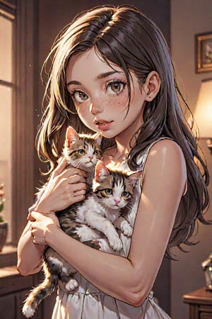 A stunning oil painting of a glamorous portrait of a little girl cradling a kitten in her arms. The image is bathed in cinematic lighting that creates a warm and evocative glow on the scene. The depth of field is beautifully crafted, drawing attention to the tender moment between the child and her beloved pet. The artwork captures an intriguing combination of hyperrealistic detail, precise architectural lighting, plastic and neon-like materials. Additionally, there are precisely anatomical elements which give a sense of realism to the image. The whole piece is masterfully crafted with great attention paid to every detail in order to create a truly stunning visual experience