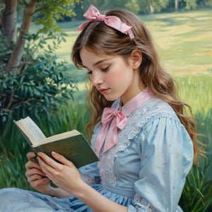 The image is a painting in an impressionist style, depicting a young girl with long, wavy, light brown hair adorned with a pink bow on the right side. She is shown in profile, facing to the left, and is dressed in a light blue, polka-dotted dress with a high collar. The girl appears to be engrossed in reading a book, which she holds in her right hand, her left hand resting on her lap. The background is a blurred, abstract mixture of greens and yellows, suggesting an outdoor setting with tall, grassy vegetation. The painting is executed in soft, blended brushstrokes, characteristic of impressionist art, which gives a gentle, dreamy quality to the image. The girl's expression is calm and focused, her eyes looking down at the book. The overall mood of the painting is serene and contemplative, capturing a quiet moment of reading and reflection. The texture of the painting is smooth and rich, with a soft, luminous quality that enhances the impressionistic style.