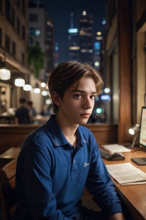 A young boy, likely in his late teens or early twenties, sits contemplatively on a worn wooden bench amidst the dimly lit confines of a clandestine hacker's hideout. Soft, muted lighting emanates from a combination of overhead fluorescent tubes and strategically placed desk lamps, casting minimal shadows on the character's relaxational pose. With his blonde locks slightly tousled and a thoughtful expression etched on his youthful face, he gazes off to the side, lost in thought. 

Against a background of gleaming computer screens and scattered cables, his focused attention remains riveted on an unknown point beyond the frame, his eyes beseeching secrets from the shadows. His blue polo shirt, bearing a crisp white logo on the left shoulder, seems at odds with the anarchy and disorder that surrounds him, yet it stands as a testament to the boy's resilience and adaptability. 

The cityscape outside, visible through the grimy tenement windows, serves as a constant reminder of the world beyond this hermetic realm, with towering skyscrapers and swaying palm trees silhouetted against a tapestry of bright city lights. Shot on a Fujifilm X-Pro3 with the Fujinon XF 56mm f-1.2 R lens, this close-up portrait captures the essence of a young hacker's fleeting moments of introspection amidst the labyrinthine corridors of the digital underground. The muted color palette and soft lighting imbue the image with a sense of quiet introspection, as if the boy's thoughts are suspended in a world of his own creation, where the boundaries between reality and fantasy blur. The velvety texture of the Fujifilm X-Pro3's film grain, subtly amplified in this shot, infuses the overall aesthetic with an air of intimacy and immediacy.