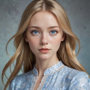 a close-up, eye-level shot captures a young woman with long blonde hair and blue eyes. her face is adorned with freckles, adding a subtle touch of imperfection to her appearance. her hair is parted in the middle, creating a sleek look. her dress, featuring a light blue pattern, adds a pop of color to her ensemble. the backdrop is intentionally blurred, enhancing the subject's prominence in the frame.