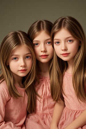 A heartwarming and sentimental portrait of three sisters, 1200*900, aged 7, 12, and 18, showcasing their growth and bond, photorealistic, warm colors, and soft lighting, capturing the innocence and beauty of sisterly love.