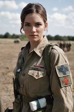 A young woman , cute and sexy. A battle-hardened medic stands ready at a field station during a wartime mission, fully equipped with his med kit, bandages rolled tightly and syringes prepared. His unflinching eyes stare straight into the lens of the camera, conveying both the determination to save lives amidst the chaos of conflict and the empathy for those who have been wounded in combat. The medic's life is defined by two conflicting desires: a commitment to his fellow soldiers and a need to preserve their humanity in even the darkest times.