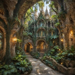 Rivendell's Enchanted Realm: Discover the mystical allure of this otherworldly destination. A serene emerald expanse unfolds before you, cradling majestic Gothic-Revival and Art Nouveau structures that seem to defy gravity. Waterfalls cascade down ancient stone facades, as whimsical Gaudí-inspired details dance in harmony with the soft golden light. The tranquil atmosphere beckons you to wander through lush greenery, where mythical creatures might just be hiding amidst the architectural wonders.