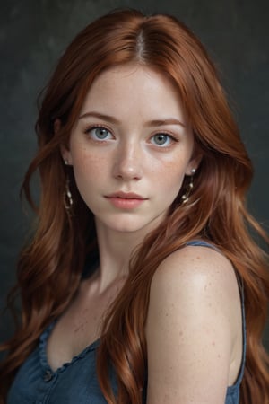 a portrait of a young woman with long red hair, wearing an orange sleeveless top and earrings. her eyes are blue, and she has freckles on her face. her hair is wavy and cascading down her shoulders. the background is a dark gray wall.