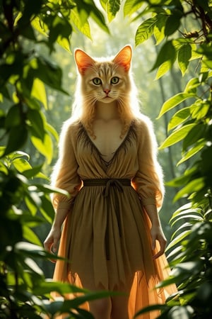 A lifelike catgirl hybrid stands amidst the serene forest's depths, her radiant aura drawing attention to her alluring presence. Framed by a canopy of lush greenery, she wears a flowing nature-inspired tunic that complements her fluffy fur, with subtle feline claws adorning her hands. Her eyes aglow with whimsy and mischief, she seems to be savoring the tranquility of her surroundings.