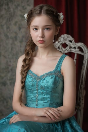 A serene young girl, with porcelain skin and luscious brown locks, sits peacefully in a medium shot. She wears a stunning turquoise dress, bedazzled with silver sequins and a show-stopping flower at its center. Her pigtails, adorned with delicate braids, frame her angelic face as she closes her eyes, slightly parted lips conveying contemplation. The stark white backdrop provides a striking contrast to her vibrant attire, while the red curtain to the left adds a bold pop of color.