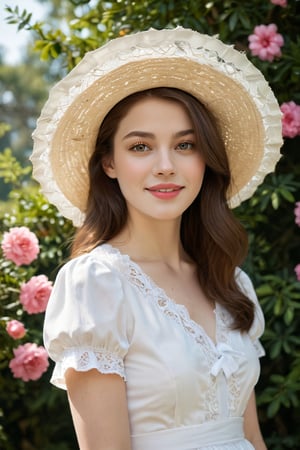 The subject of the painting is a young woman dressed in a white dress with short sleeves. Her attire appears to be formal or semi-formal, suggesting that she might be attending a special occasion such as a party, wedding, or ball. 

She is wearing a wide-brimmed yellow hat adorned with delicate lace trimmings around its edge, which matches her bright smile and youthful demeanor. There's also a ribbon tied at the base of the brim, adding another decorative element.

The woman has light brown hair styled neatly under the hat, giving off a classic look reminiscent of early 20th-century fashion trends. Her eyes are downcast but directed towards the viewer, hinting at shy or bashful emotions without revealing too much vulnerability. Her skin tone suggests fair complexion, likely indicating Caucasian heritage, although it’s hard to determine definitively from the image alone.

In the background, there seems to be a large bush with vibrant pink flowers. This floral backdrop adds color contrast against the white dress while bringing out the greenery around the area where the lady stands. The leaves on these bushes suggest lush growth indicative of springtime weather conditions, enhancing the overall cheerful ambiance of the scene. 

Behind the woman lies what looks like a window frame, possibly part of a garden view through glass doors or windows, showing more trees and sky beyond. The outdoor setting indicates that the woman may have been captured during a pleasant day outdoors, potentially near a home garden or park. The reflection of light on various surfaces hints at the sun being present, emphasizing a serene, peaceful moment caught by the artist.

Overall, the composition captures elements of innocence, femininity, elegance, and nature, making for a harmonious blend typical of classical portraiture styles often associated with Impressionist or Romanticism influences.