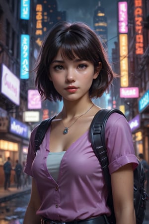 In a gritty cyberpunk metropolis, Dora the Explorer morphs into a stunning digital painting, bathed in neon hues and high-contrast lighting. Her portrait, akin to Henriette Kaarina Amelia von Buttlar's realistic artwork, exudes fashion sense and tenacity. Framed by towering skyscrapers and holographic advertisements, Dora's striking visage dominates the composition, her eyes gleaming like LED lights in a darkened alleyway. Amidst this dystopian landscape, her pose screams defiance, as if ready to conquer the virtual realm with nothing but a backpack full of digital gadgets.,