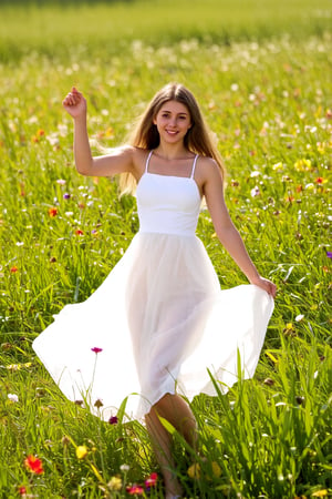 A  girl's dreamy dance in a sun-kissed meadow, surrounded by vibrant wildflowers, wears a flowing white dress, the girl is 14 years old,beaming with a bright and charming smile, as warm rays of sunlight filter through lush green blades, casting a soft glow on the serene scene, reminiscent of Renoir or Morisot's Impressionist masterpieces.,hubggirl