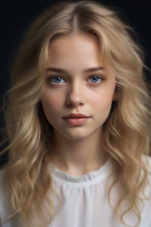 The image is a portrait of a young girl with long blonde hair. She is looking directly at the camera with a serious expression on her face. Her hair is styled in loose waves and falls over her shoulders. She has a slight smile on her lips and her eyes are a piercing blue. The background is black, making the girl the focal point of the image. She appears to be wearing a white blouse with a ruffled neckline. The lighting is soft and natural, highlighting her features,Supersex