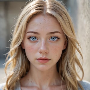 A close-up portrait of a young blonde woman, gazing directly into the lens with a solemn expression. Her loose waves cascade down her shoulders, framing her heart-shaped face and piercing blue eyes, speckled with freckles. The blurred background hints at an outdoor setting with a concrete floor, but the focus remains on her serene and calm demeanor.
