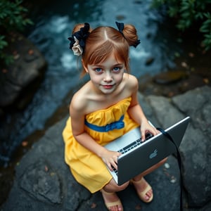 A young girl with fair skin, golden-brown hair in buns, and an innocent yet curious expression sits on rocky terrain by a river, dressed in a strapless yellow dress with a blue waist sash and beige high heels. She wears a black floral hair accessory and is engaged with a laptop, representing technology integration in fashion. The scene is set in a natural, bioluminescent environment with soft pastel lighting and multi-colored hues from below, casting a cool, ethereal glow. The close-up, selfie angle captures her slightly tilted head, with blurred foliage in the background. The high perspective shot, taken with a Canon EOS 5D Mark IV and Canon EF 24-70mm f/2.8L II, features film grain and a cool color palette, evoking the visual style of director David Lynch.