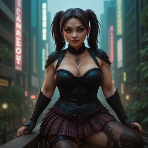 A rotund young woman with twintails hair, dressed as a Wall Street broker yuppie in a black corset top and plaid skirt, sits on a wooden railing in a cyberpunk city. Her glossy, retro 80s outfit features lace details, and she has an engaged expression with one leg raised. The scene is a close-up, eye-level shot with shallow depth of field, the green foliage and blurred cityscape creating a moody, analogous color palette. High key lighting from a softbox placed straight on illuminates her face, casting subtle shadows and highlighting the glossy texture of her clothing. The image, shot on a Panasonic Lumix S5 with a Lumix S PRO 70-200mm f-2.8 O.I.S lens, has a triadic color palette and a cinematic feel, reminiscent of Julie Blackmon's style, with film grain and a slightly overexposed background.