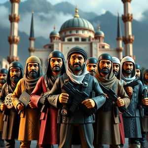 Realistic, 3D rendering of a group of Muslim action figures, inspired by GI Joe, with diverse facial expressions, wearing traditional Islamic attire, holding various Islamic symbols, with a majestic mosque in the background, 1920*1080