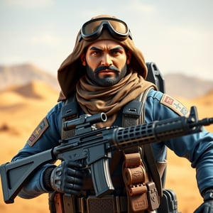 Realistic, 3D rendering of a Muslim action figure, inspired by GI Joe, wearing a paraglider suit, with a determined facial expression, holding a assault rifle, with a Middle Eastern-inspired desert background, 1400*1000