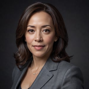 Kamala Harris, Vice President of the United States, exudes confident elegance in a medium shot against a dark background. Soft box lighting creates a flattering glow on her mature beauty, accentuating her silver fox hair and natural makeup. Her direct eye contact and subtle smile convey approachability and seriousness. A high-end camera captures her portrait with an 80mm lens at f/1.4, producing a shallow depth of field and film grain texture. The Canon EOS 5DS R, ISO 100, and 6x7cm medium format film ensure natural skin tones and color accuracy. No retouching or graphics are applied, allowing her mature presence to shine.