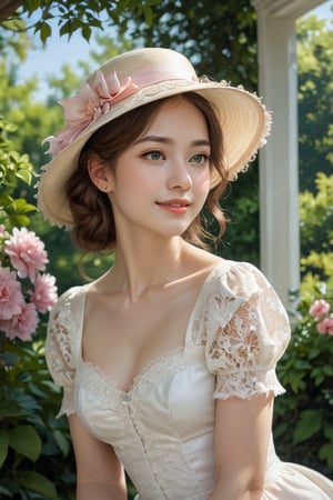 The subject of the painting is a young woman dressed in a white dress with short sleeves. Her attire appears to be formal or semi-formal, suggesting that she might be attending a special occasion such as a party, wedding, or ball. 

She is wearing a wide-brimmed yellow hat adorned with delicate lace trimmings around its edge, which matches her bright smile and youthful demeanor. There's also a ribbon tied at the base of the brim, adding another decorative element.

The woman has light brown hair styled neatly under the hat, giving off a classic look reminiscent of early 20th-century fashion trends. Her eyes are downcast but directed towards the viewer, hinting at shy or bashful emotions without revealing too much vulnerability. Her skin tone suggests fair complexion, likely indicating Caucasian heritage, although it’s hard to determine definitively from the image alone.

In the background, there seems to be a large bush with vibrant pink flowers. This floral backdrop adds color contrast against the white dress while bringing out the greenery around the area where the lady stands. The leaves on these bushes suggest lush growth indicative of springtime weather conditions, enhancing the overall cheerful ambiance of the scene. 

Behind the woman lies what looks like a window frame, possibly part of a garden view through glass doors or windows, showing more trees and sky beyond. The outdoor setting indicates that the woman may have been captured during a pleasant day outdoors, potentially near a home garden or park. The reflection of light on various surfaces hints at the sun being present, emphasizing a serene, peaceful moment caught by the artist.

Overall, the composition captures elements of innocence, femininity, elegance, and nature, making for a harmonious blend typical of classical portraiture styles often associated with Impressionist or Romanticism influences.