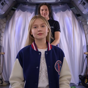 A young woman with fair, matte skin and long, straight light brown hair in a high ponytail stands close-up, her large, expressive green eyes tilted upward in curiosity. She wears a soft, fuzzy navy blue varsity jacket with red and white stripes over a white shirt with intricate silver embroidery. Behind her, a non-Euclidean architect with plaited hair and a lip ring, dressed in green cargo pants, black t-shirt, and hiking boots, stands straight, hands clasping a bag, weight on right leg, smiling. They are inside a high-tech orbital space station, with a stone wall and draped curtains, studio lighting with strong rim light, creating a double complementary (tetradic) color palette. The scene is framed with a shallow depth of field, emphasizing the young woman's youthful and approachable appearance, reminiscent of a Bob Ross painting, with subtle film grain and pastel color grading, capturing a moment of wisdom transfer and intimacy.,tronggg