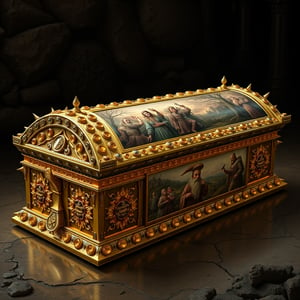 Photorealistic image of a gold sarcophagus with intricate details, 1024*1024, rose cut citrines and willow-shaped decorations, octagon cut citrines and cushion diorite cabochons, spikes of diorite, foreboding atmosphere.

The gold sarcophagus, adorned with exceptional craftsmanship, lies before you. Rose cut citrines encrust its surface, complemented by willow-shaped decorations and bands of octagon cut citrines and cushion diorite cabochons. The sarcophagus menaces with spikes of diorite, adding a sense of foreboding to the piece.

A depicted scene on the sarcophagus portrays Stukos Mazewound, a dwarf, ascending to the position of baroness of The Glad Lash in 194. Surrounded by fellow dwarves, this artwork symbolizes a significant milestone for the community.

Another image on the sarcophagus captures Edëm Towerpaint, another dwarf, weeping over the destruction of her masterful pig tail cloak. The cloak had been created for The Tomb of Squeezing at Zedotkol and was destroyed in early spring of 290 by an unknown creature. This artwork serves as a tribute to lost artistry and serves as a reminder of the transient nature of creative works.
