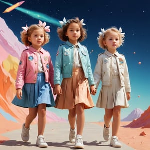 In the 2030's, the future of girls' fashion for children will be influenced by advanced technology and artistic expression. The text describes a vivid scene of children dressed in fashionable clothes reminiscent of a fantasy world, painted using colored pencils and oil paints by the artist Sachin Teng. The artwork represents a creative vision of a universe with bright stars flowing past us. This futuristic fashion concept showcases a unique blend of professional architecture rendering and elements inspired by the political philosophy of Percism.