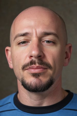In a medium shot, a bald man with a goatee and mustache gazes down at the camera, his eyes closed and mouth slightly ajar. He wears a light blue t-shirt with a blue stripe and black text The Lord is my Shepherd on the left side, partially visible behind his head. The framing emphasizes his introspective expression, with the subtle smile suggesting contemplation or prayer.
