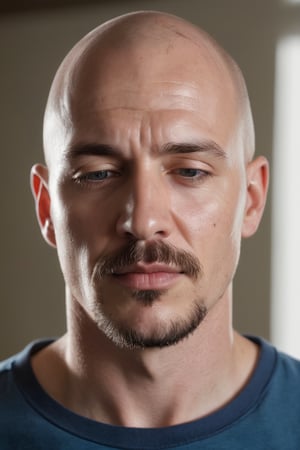 In a medium, eye-level shot, a bald, fair-skinned man with a goatee and mustache gazes downward at the camera, his eyes closed, mouth slightly ajar. He wears a light blue t-shirt with a central blue stripe and the phrase the lord is my shepherd in black letters on the left side, partially visible behind his head. The framing highlights his contemplative expression, with the shirt's design adding a touch of subtle spirituality to the scene.,Supersex